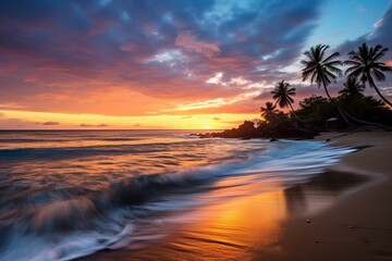 Fototapeta na wymiar Beautiful sunrise on the beach of an island. Generative AI