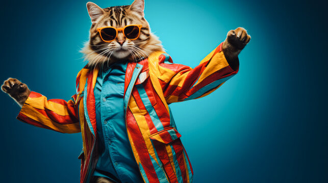 
A cheerful, playful cat wearing a striped jacket and sunglasses. The cat is standing on a blue background and dancing. A creative concept for birthdays, celebrations