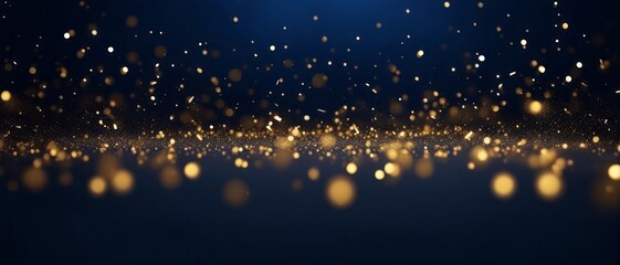 Abstract background with gold stars, particles and sparkling on navy blue. Christmas Golden light