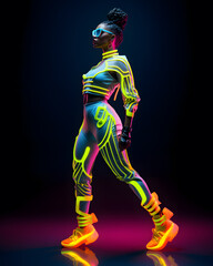 Fashion stylish African woman in neon costume and neon shoes, in the style of futuristic pop, luminous color palette