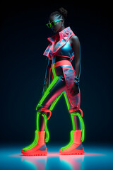 Fashion stylish African woman in neon costume and neon shoes, in the style of futuristic pop, luminous color palette