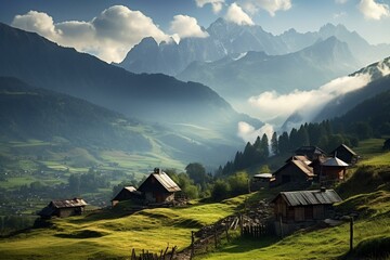 Rural settlement amidst Carpathian peaks. Generative AI - obrazy, fototapety, plakaty