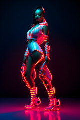 Fashion stylish African woman in neon costume and neon shoes, in the style of futuristic pop, luminous color palette