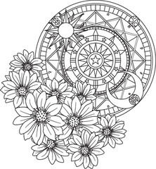 Clock design with flowers colouring page design
