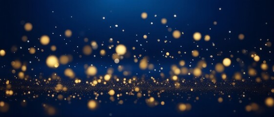 Abstract background with gold stars, particles and sparkling on navy blue. Christmas Golden light