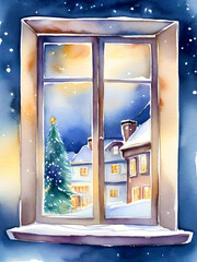 Obraz premium Window with a view to decorated Christmas tree on a snow winter street. Watercolor illustration