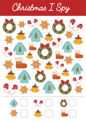 Christmas, I spy. Math worksheet. Mathematic activities for schooling, early education. Counting educational logical game. Kid lessons, W inter preschool kindergarten educational activity for kids.