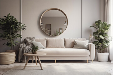 Modern interior with round mirror, sofa and plants. 3d render