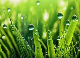 Fresh green grass with dew drops close up. Nature background. Generative AI