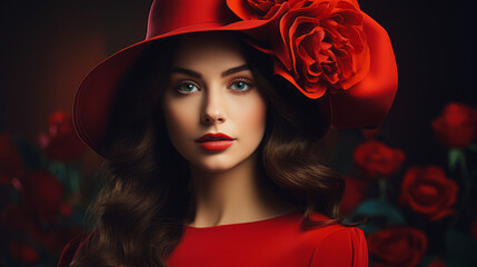 Elegant lady in red hat with red lips makeup. Fashionable woman in a luxurious red evening dress. Red roses in the background. - obrazy, fototapety, plakaty