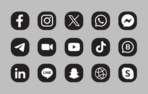 Social media icons set on gray background.