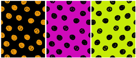 Naklejka premium Abstract Hand Drawn Geometric Vector Pattern.Orange and Black Polka Dots Isolated on a Black, Pink and Green Background.Irregular Dotted Endless Print ideal for Fabric, Wrapping Paper.Neon RGB Colors.