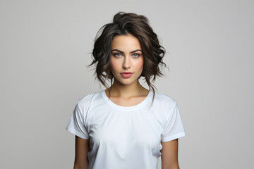Obraz premium Beautiful young dark-haired brunette woman in white t-shirt isolated on white background
