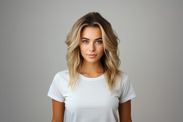 Obraz premium Beautiful young blond woman in white t-shirt isolated on gray background