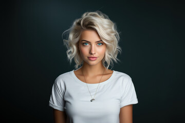 Beautiful young blond woman in white t-shirt isolated on blue background