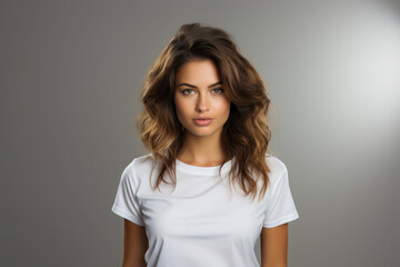Fototapeta premium Beautiful young dark-haired brunette woman in white t-shirt isolated on white background