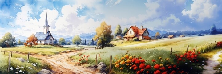 Digital painting of an idyllic rural landscape with a church and a meadow with flowers