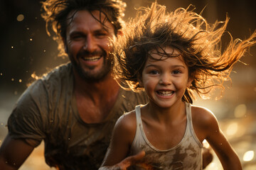Close-up of a son with his father running along a river.