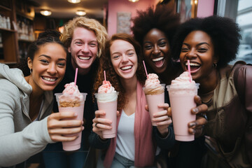 Multiethnic group of friends having an ice cream while looking at the camera.