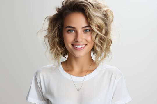 Beautiful young blond woman in white t-shirt isolated on gray background