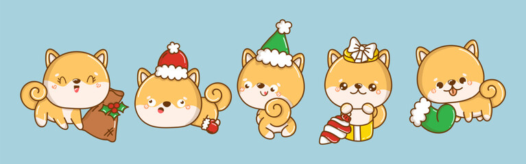 Set of Kawaii Christmas Shiba Inu Dog. Collection of Vector Xmas Puppy Illustrations for Stickers.