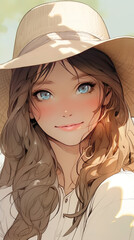 a cute shy anime girl in summer with a hat, classic manga artwork