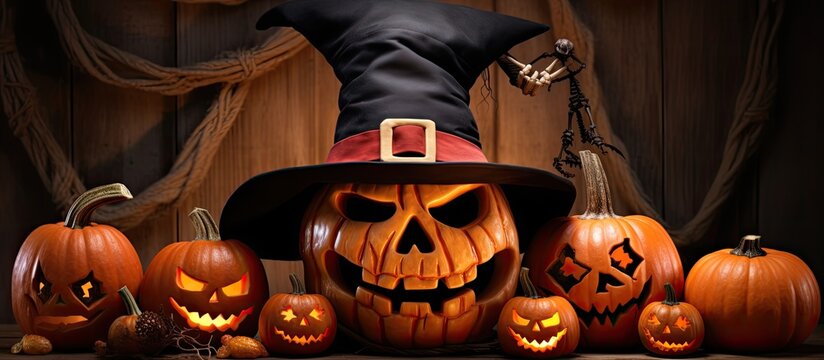 Pirate themed jack o lantern among Halloween decorations on table no people With copyspace for text