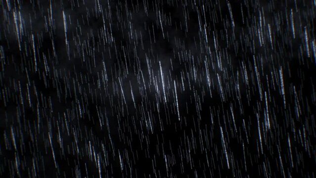 Falling rain wall with raindrops. Seamlessly looped closeup rain animation, real rainstorm vfx insert, shower rainfall 4k footage animation on dark black background
