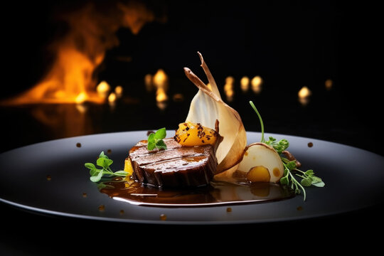 Beautifully presented Michelin star restaurant dish on a plate, black background. Refined and elegant cuisine, fine dinning 