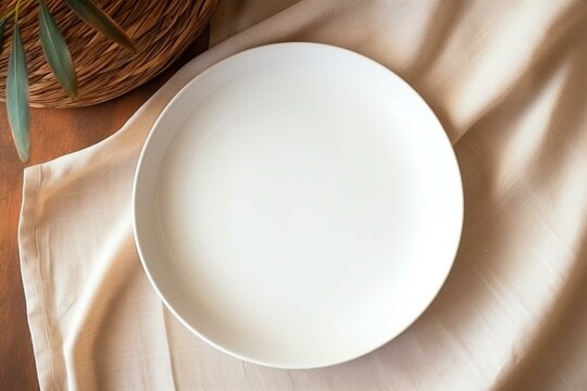 Empty round white plate on tablecloth for food. Empty dish on napkin with space for your design. Generative AI