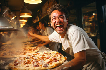 Cheerful pizzaiolo tossing dough in alien marketplace under double moon - obrazy, fototapety, plakaty