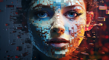 Girl face disintegrates into little fragments symbolizes psychological instability, anxiety and loss of self awareness, face reflects complexities associated with depression and bipolar disorder