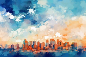 Colorful cityscape with orange and blue tones against a white background. Blue sky with clouds in both foreground and background. Generative AI