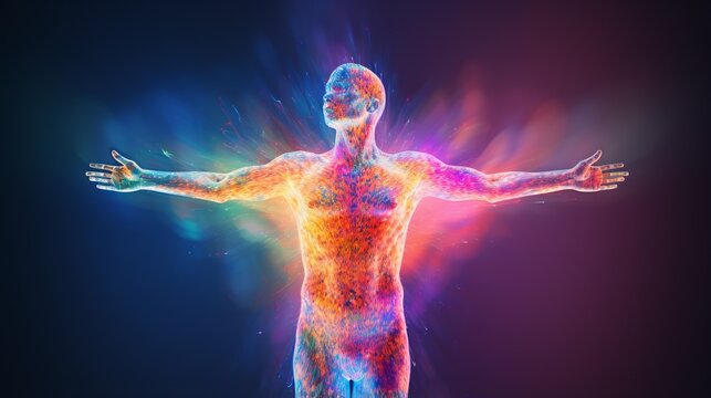 Silhouette of man radiates vibrant multicolored aura signifying fusion of physical and mental well being, sense of harmony representing unity of body and mind in achieving true health, inner glow