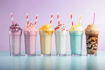 Fotobehang Assorted milkshake flavors closeup on isolated background. Display, whole and side view. Frontal full view. Lifestyle studio shoot. Closeup view. Poster banner menu. Generative AI © Xanthe