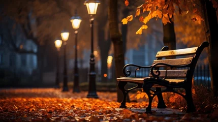 Foto auf Acrylglas a bench is sitting under some umbrellas on a sidewalk in a rainstorm © olegganko