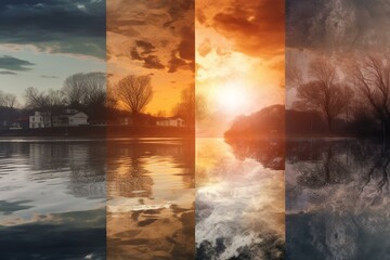 A collage concept depicting a sunrise on the river with weather effects. Generative AI