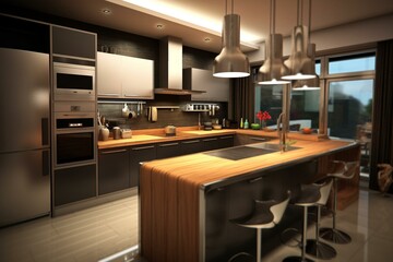 Contemporary kitchen design in 3D. Generative AI