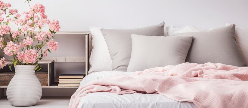 Real photo of a patterned bedroom interior with pink bed grey pillows flowers and books With copyspace for text
