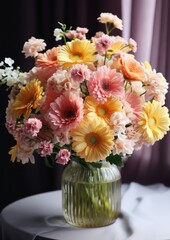 bright colored flowers and greenery in a glass vase