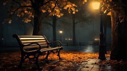 a bench is sitting under some umbrellas on a sidewalk in a rainstorm
