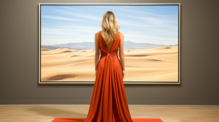 Minimalist woman in red dress, seated in art gallery.
