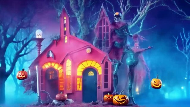 Pink house dark trees skeleton and pumpkins, a Halloween illustrated, animated spooky short film.