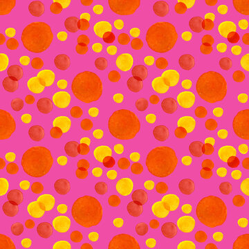 Seamless pattern diagonal of orange, red, yellow circle dots. Hand drawn illustration. Hand painted elements on pink background.