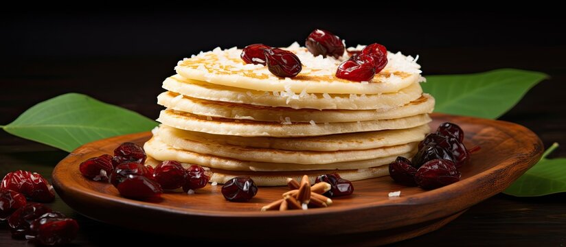 Steamed rice cake topped with dried cranberries a traditional tea time snack from Kerala made with fermented rice and coconut batter served on banana leaf