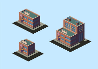 Set of three isometric multi-storey building. Vector illustration.