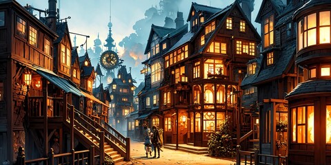 Uncover the magic of a clockwork house in a neo-Victorian wonderland, brought to life with anime characters in 'Steampunk Anime Abode. - obrazy, fototapety, plakaty