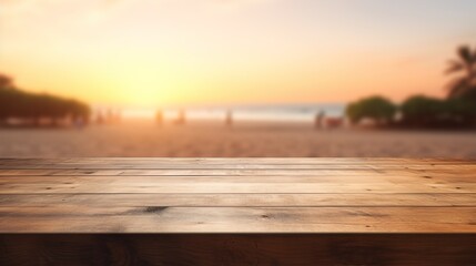 Fototapeta na wymiar Close-Up of a Light Brown Wooden Table with a Sunset at the Beach Blurry Background, Ideal for Product Placement in a Beachside Marketing Concept 