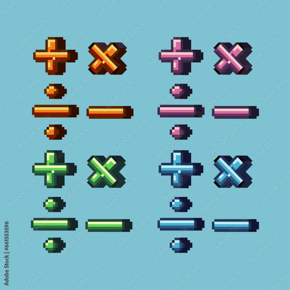 Poster isometric pixel art 3d of math calculation for items asset. mathematics calculation sign on pixelate