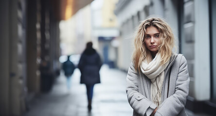 Fototapeta premium Young single woman on a city street. Autumn Depression, loneliness in the big city. 